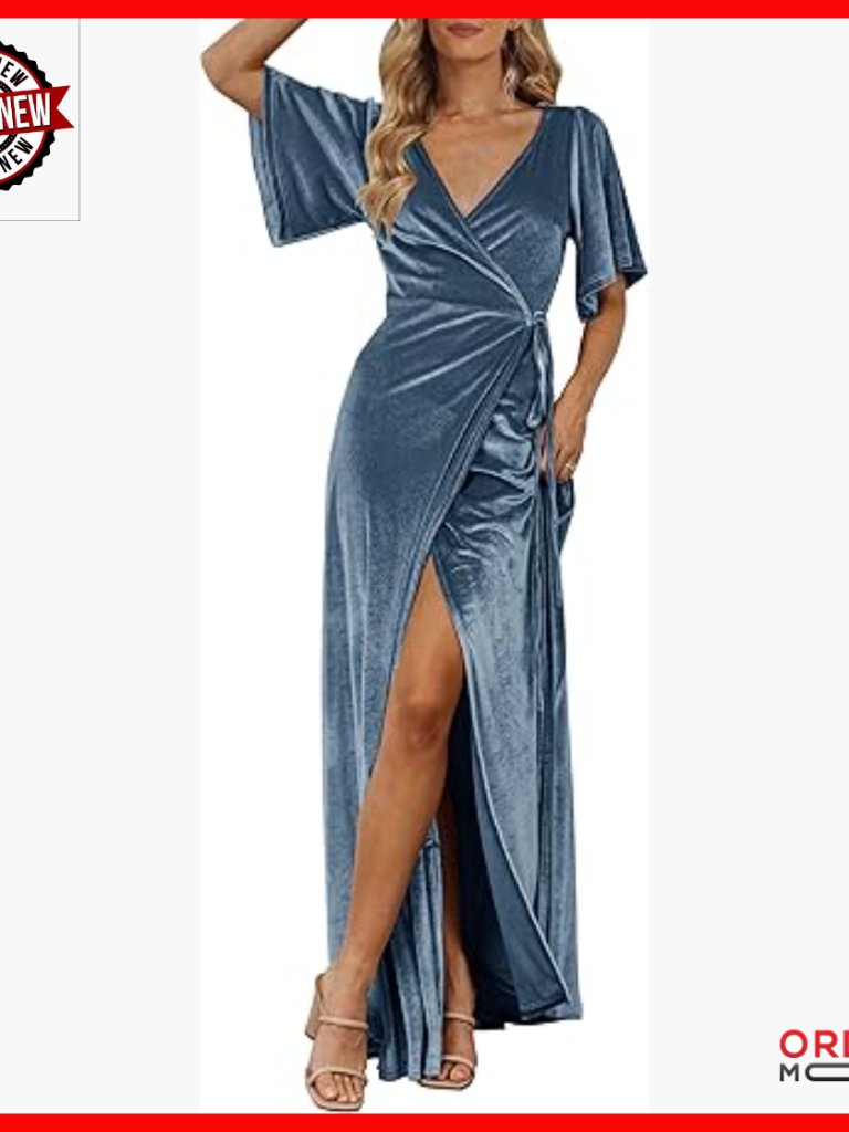 Velvet Maxi Dress V Neck Bell Sleeves Wrap Tie Waist Formal